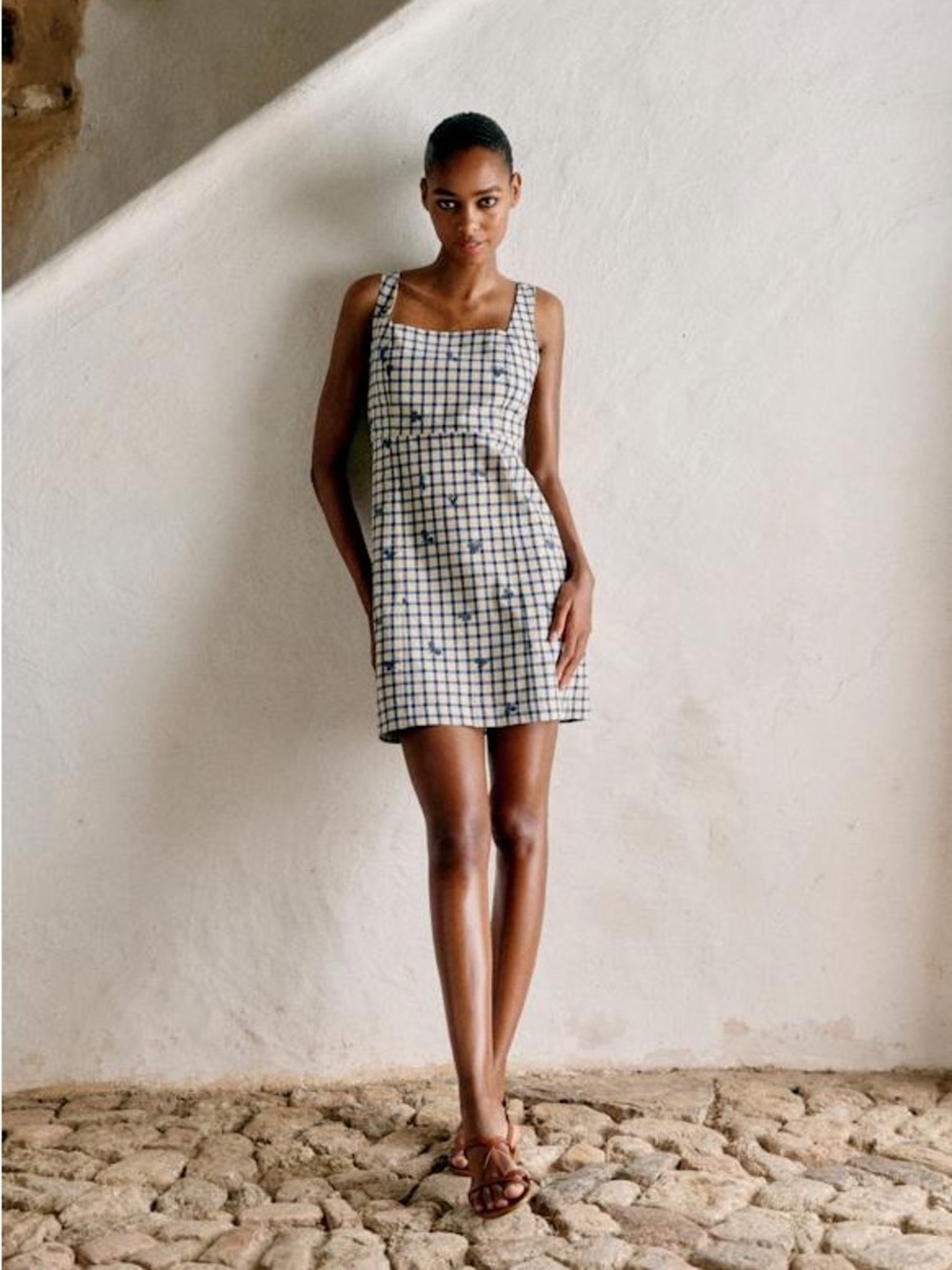 Sézane Robi Gingham Mini Dress Blue & Cream Floral Embroidery Size 34 NEVER WORN